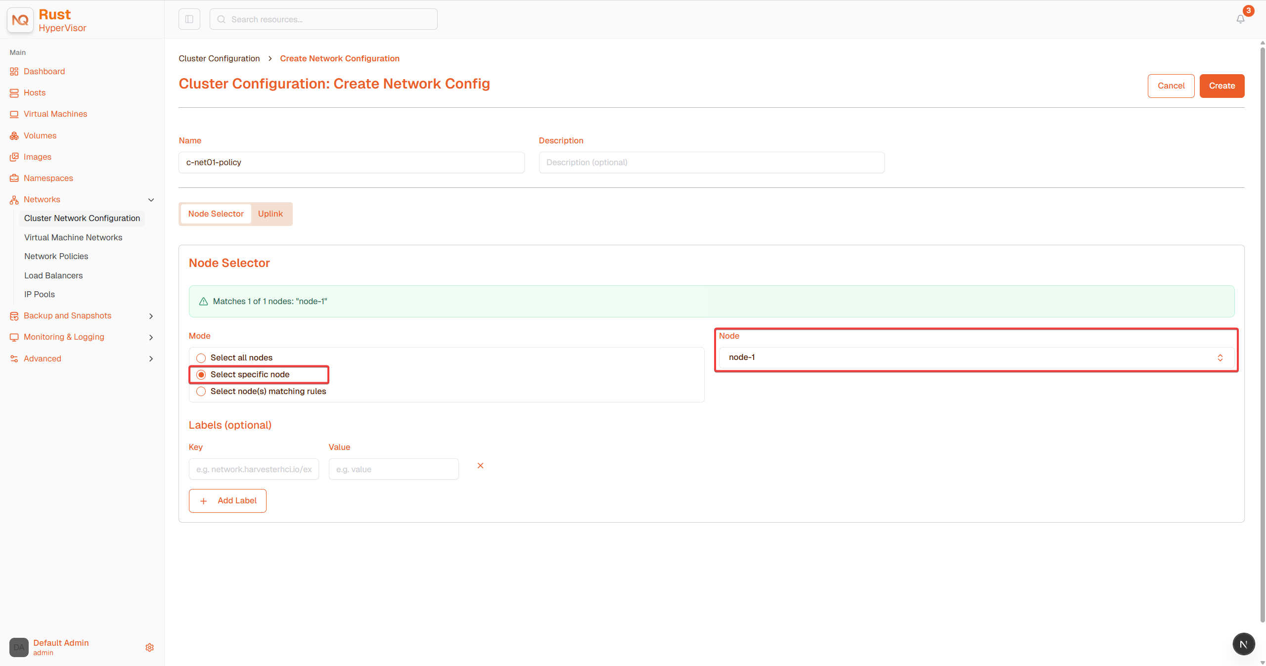 create network config with specific node